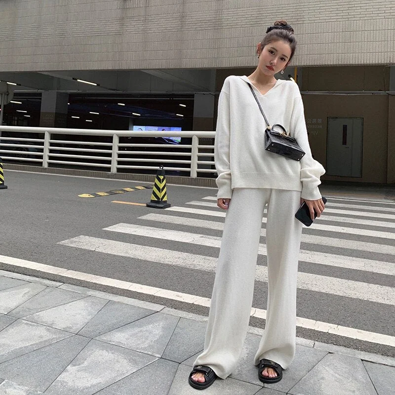 Casual Loose 2 Pieces Women Sweater Set Autumn Winter Sailor Collar Knitted Pullovers & Straight Pants 2022 Female Knitted Set
