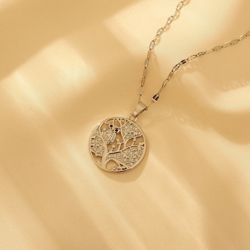 Pure Titanium Brass Cute Minimalist Inlay Tree Owl Artificial Diamond Pendant Necklace
