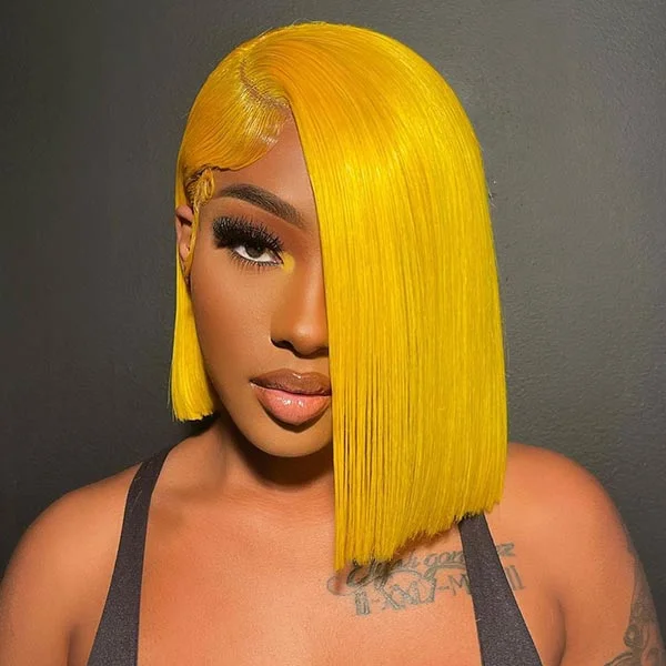 Junoda Yellow Bob Wig Brazilian Straight Virgin Human Hair Wigs Deals Party Hairstyles