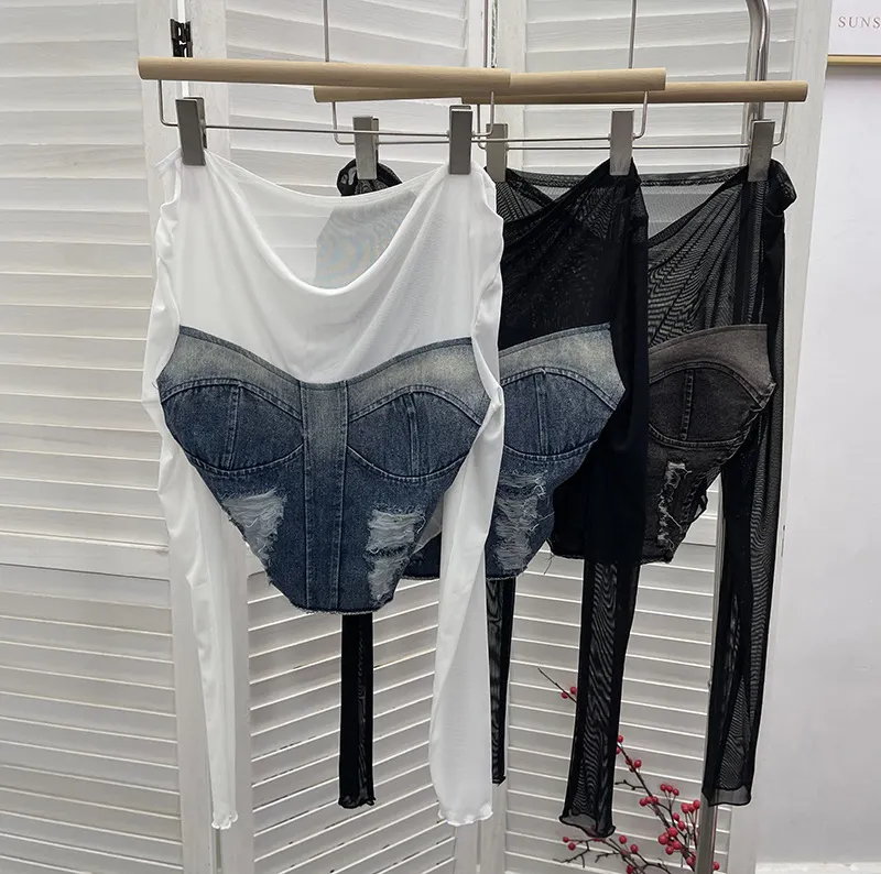 Churchf Sexy Collar Long-Sleeved T-Shirt To Make Old Hole Cowboy Splicing Net Bare Back Short Top 2236