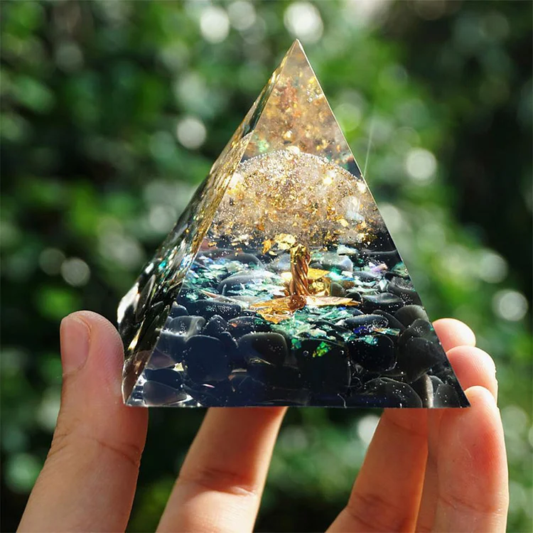 Obsidian with Clear Crystal Tree Of Life Orgone Pyramid