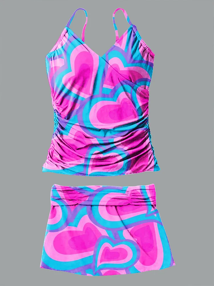 V Neck Vintage Colorful Heart Pattern Halter Pants Skirt Set Swimsuit