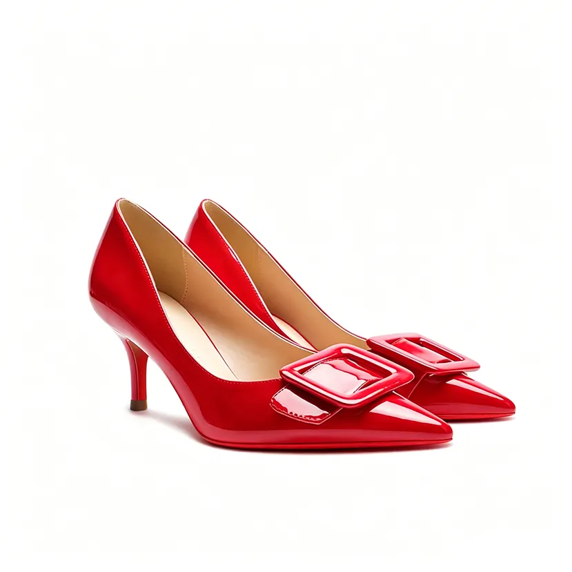 60mm Pointed Toe Square Buckle Decoration Red Bottom Kitten Heels Daily Pumps for Women-MERUMOTE