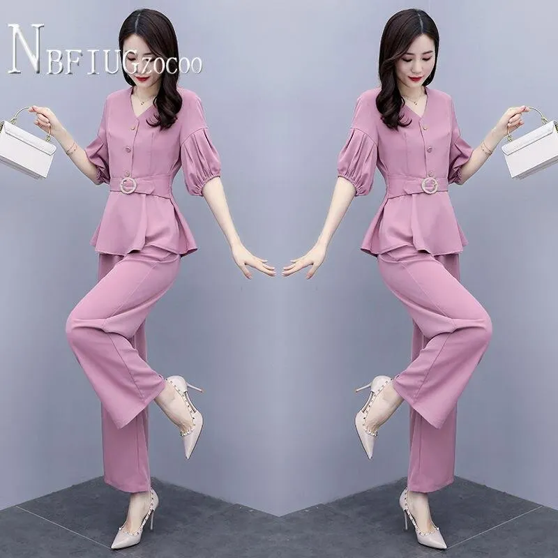 Plus Size Summer 2021 Women Sets Slim Temperament Blouse And Wide Leg Pants Female Sets