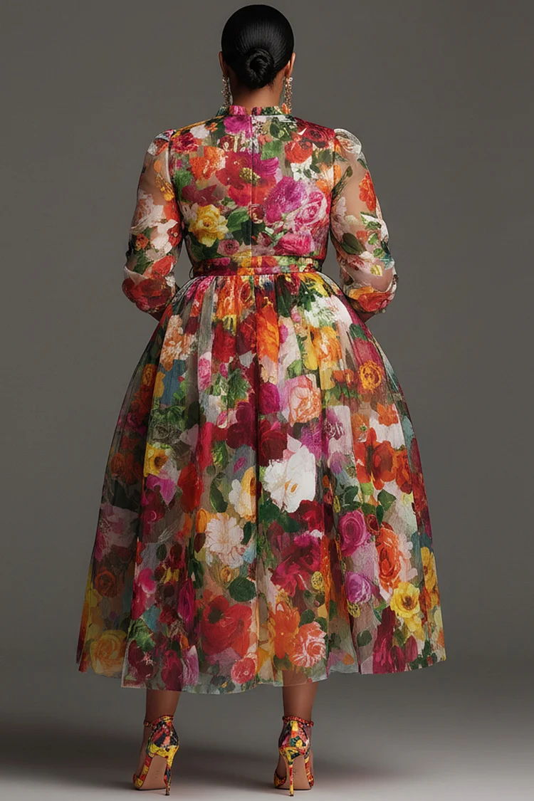 xpluswear party dresses Xpluswear Design Plus Size Cocktail Party Multicolor Floral Round Neck Long Sleeve Pocket Chiffon Midi Dresses Multicolor-2XL/18-20
