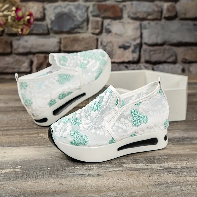 Breakj Breakj Women 2025 Spring Korean Version Of The New Lace Mesh Casual Heel High-Shoe High-Shoe Women's Single Shoes