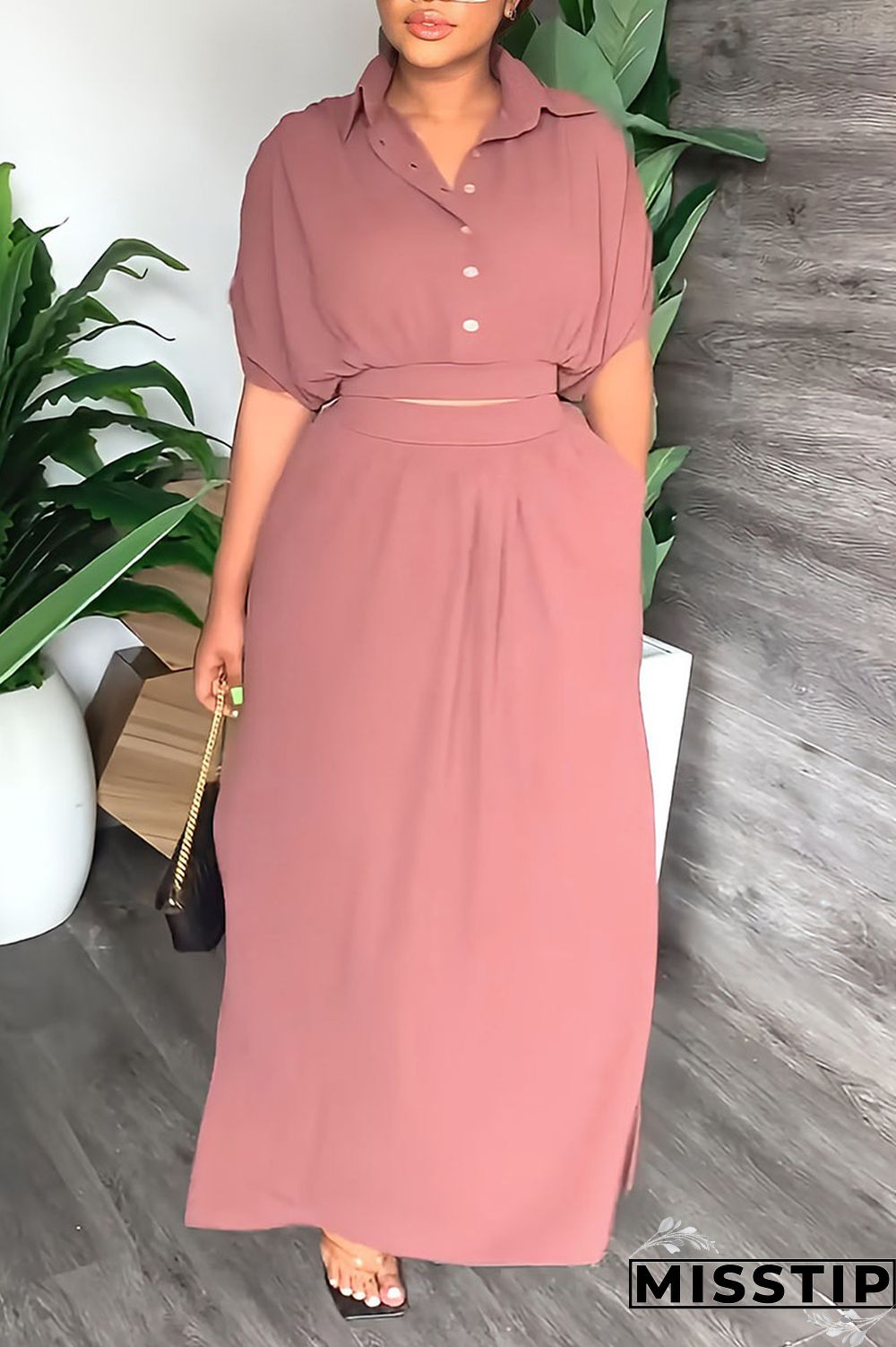 Pink Casual Solid Patchwork Buckle Turndown Collar Short Sleeve Two Pieces