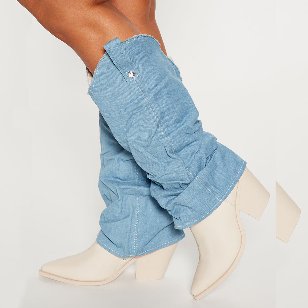 White Pointed Toe  Boots With Denim Slouch Cone Heel Boots