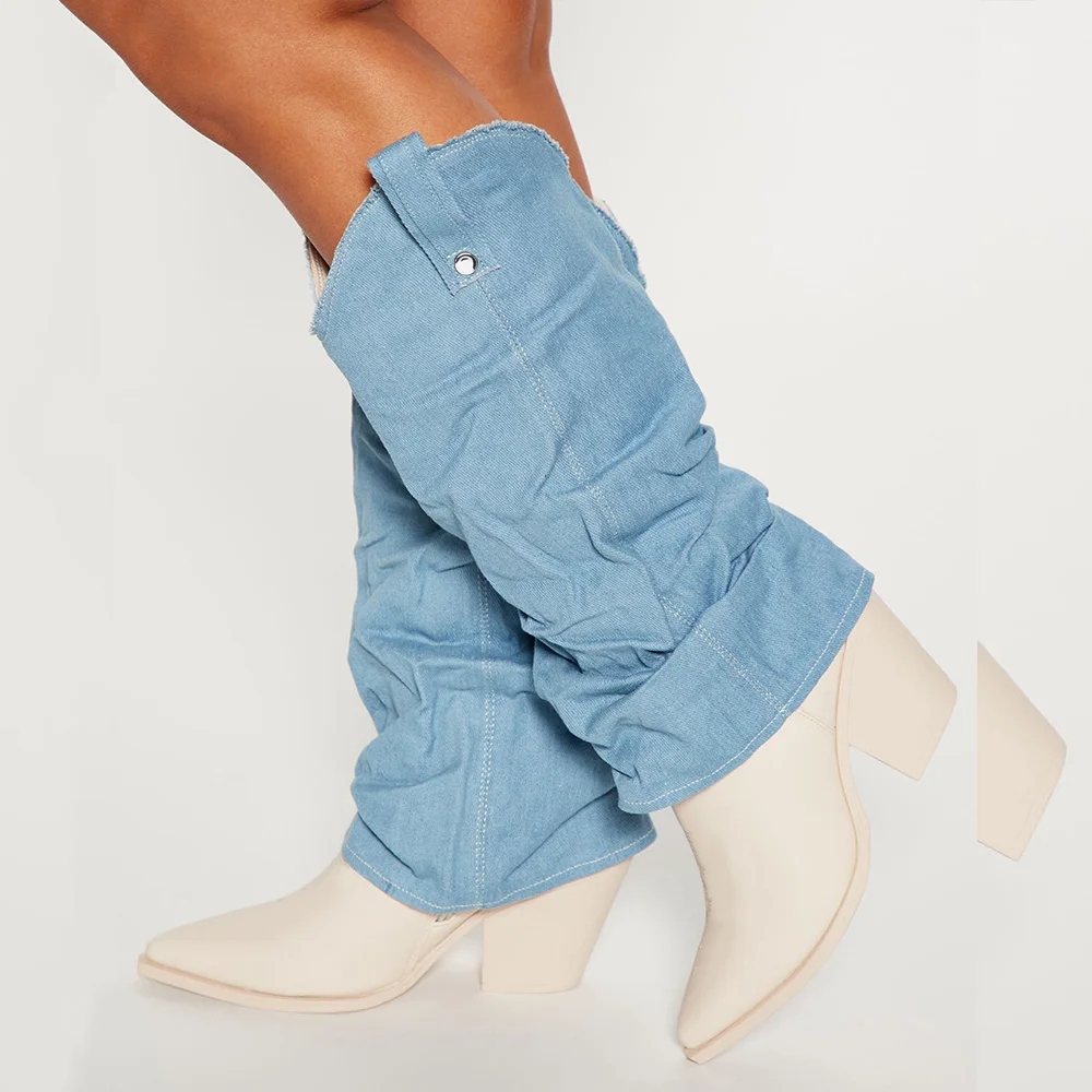 White Pointed Toe Leather Boots With Denim Slouch Cone Heel Boots Nicepairs