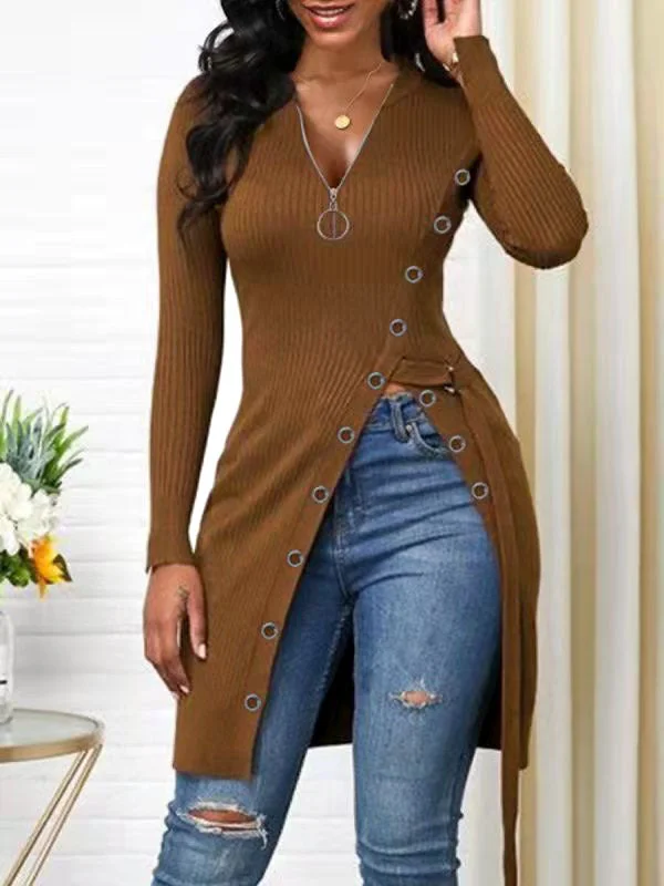 Women's V-Neck Long Sleeve High Slit Thread Zip T-Shirt Casual Top socialshop