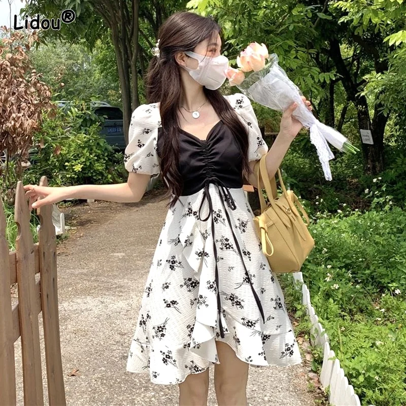 Jangj Spring Summer Slender Warm Color Elegant Colorful Floral Print V-neck Puff Sleeve A-line Skirt Popularity Women's Clothing