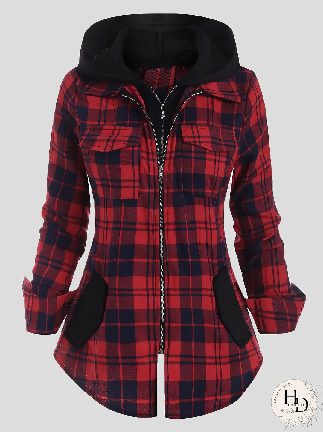 Plaid Zip-Up Hooded Coat with Pockets