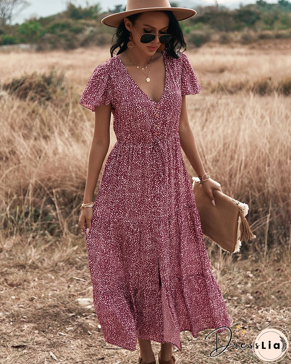 Polka Dot V Neck Side Split Button Up Midi Dress