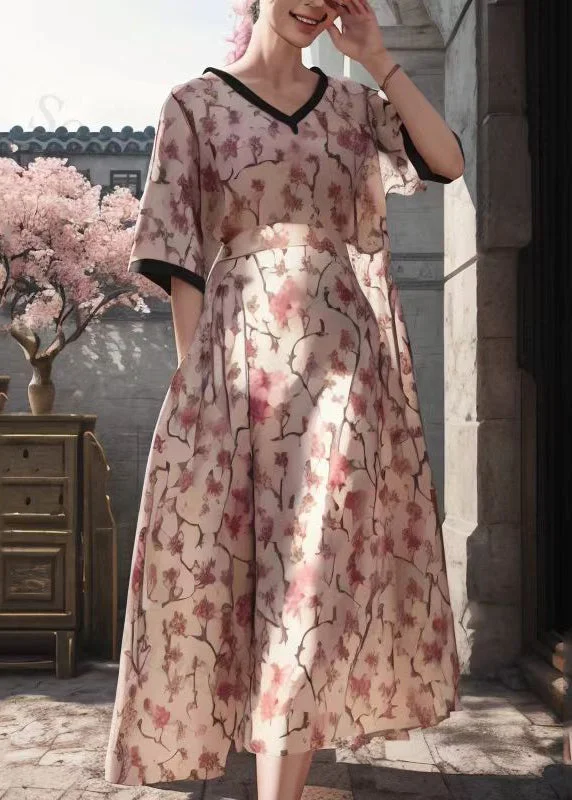Elegant Apricot Print Patchwork Silk Long Dresses Summer
