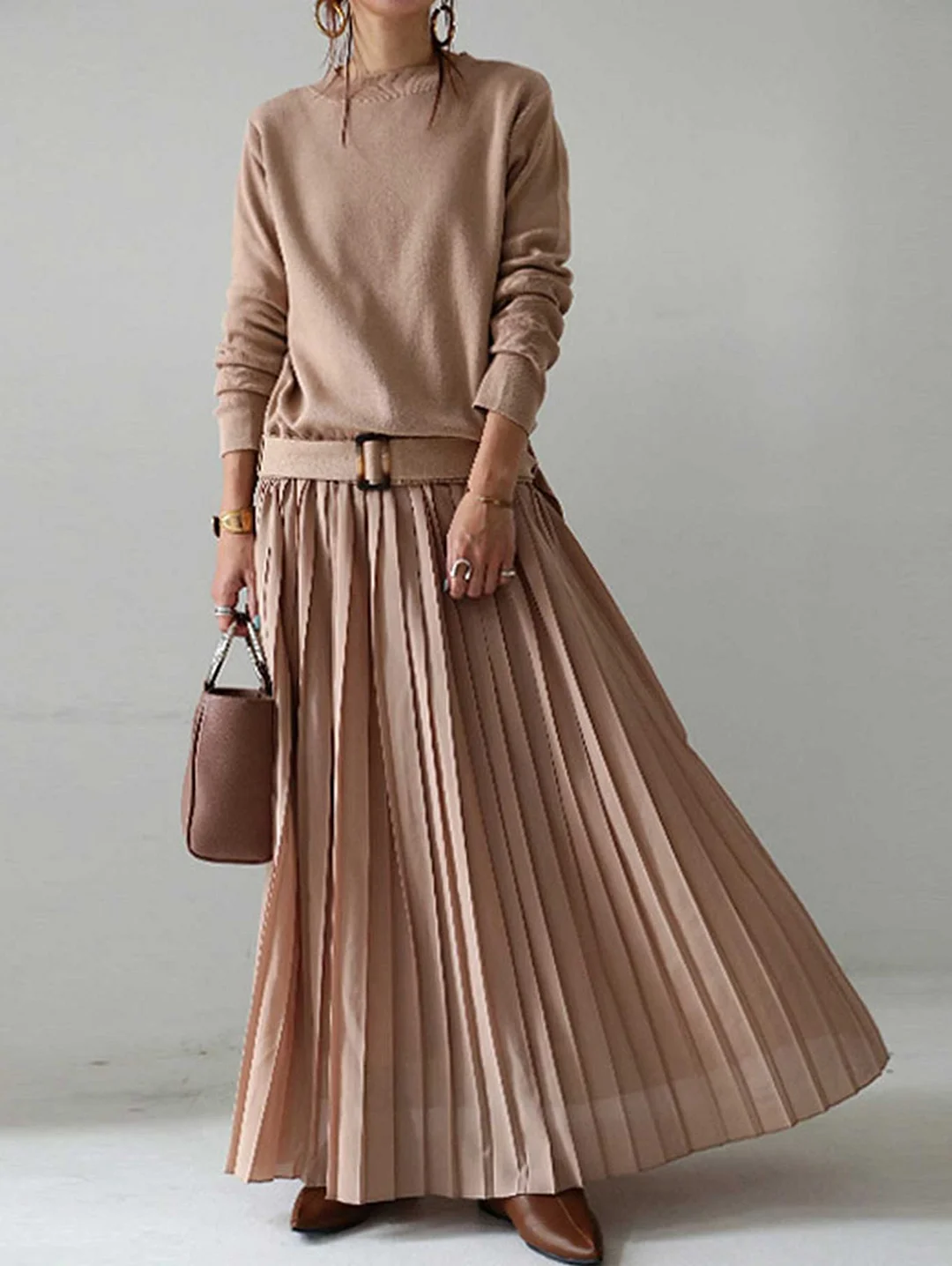 Stylish Long Sleeve Splice Drop-Waist Belted Pleated Maxi Dress