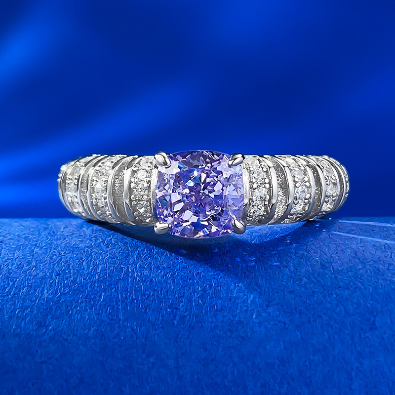 MIKAMU Jewelry S925 Silver Ring with 6*6 Purple Diamond Inlay - Lightweight and Luxurious Women's Ring