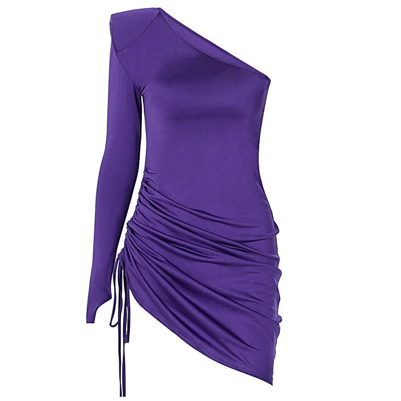 Hawthaw Women Fashion Long Sleeve Off Shoulder Bodycon Slim Pleated Purple Package Hip Mini Short Dress 2021 Fall Clothes Autumn