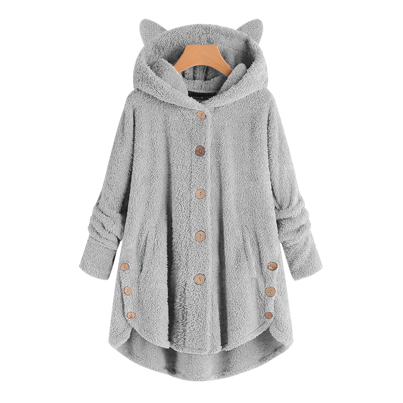 Casual Pure Color Fleece Loose Hooded Coat wearshes