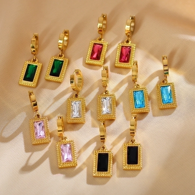 1 Pair Elegant French Style Rectangle Inlay Stainless Steel Zircon Gold Plated Drop Earrings