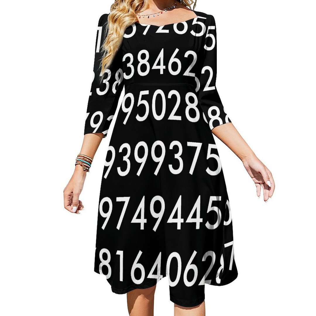 Pi Digits Math Love Pi 3 14159 Pi Day Black White Dress Sweetheart Tie Back Flared 3/4 Sleeve Midi Dresses