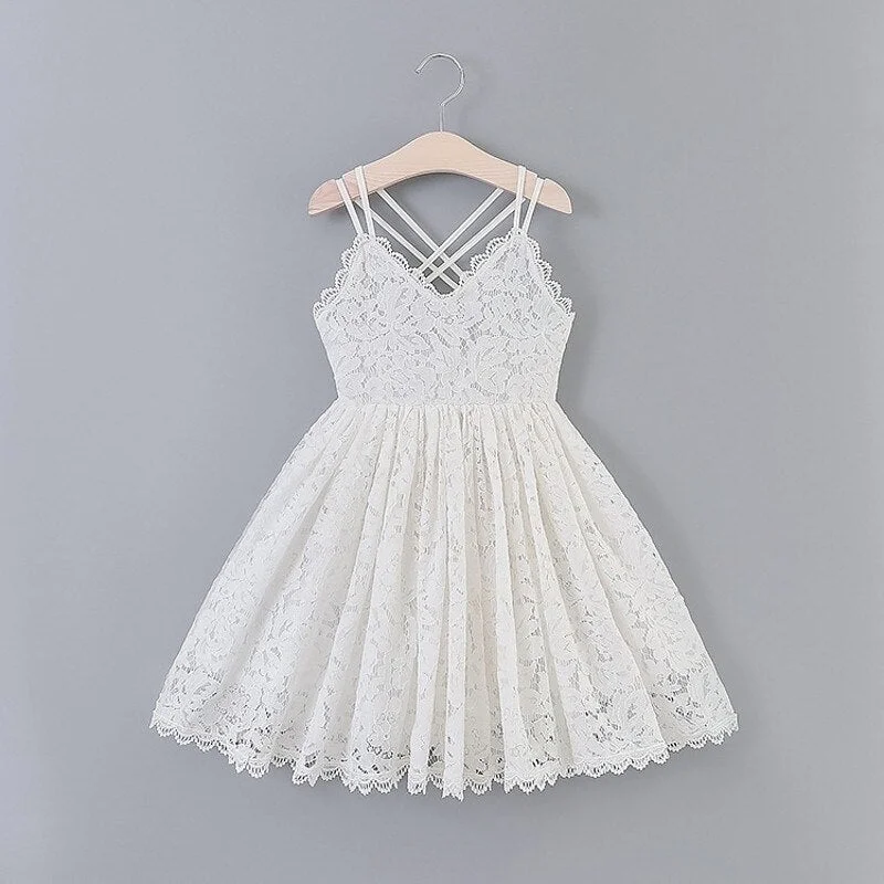 Girls Vest Dresses For Kids Sleeveless White Lace Flower Embroidery Backless Princess Tutu Ball Gown Children Summer Sundress