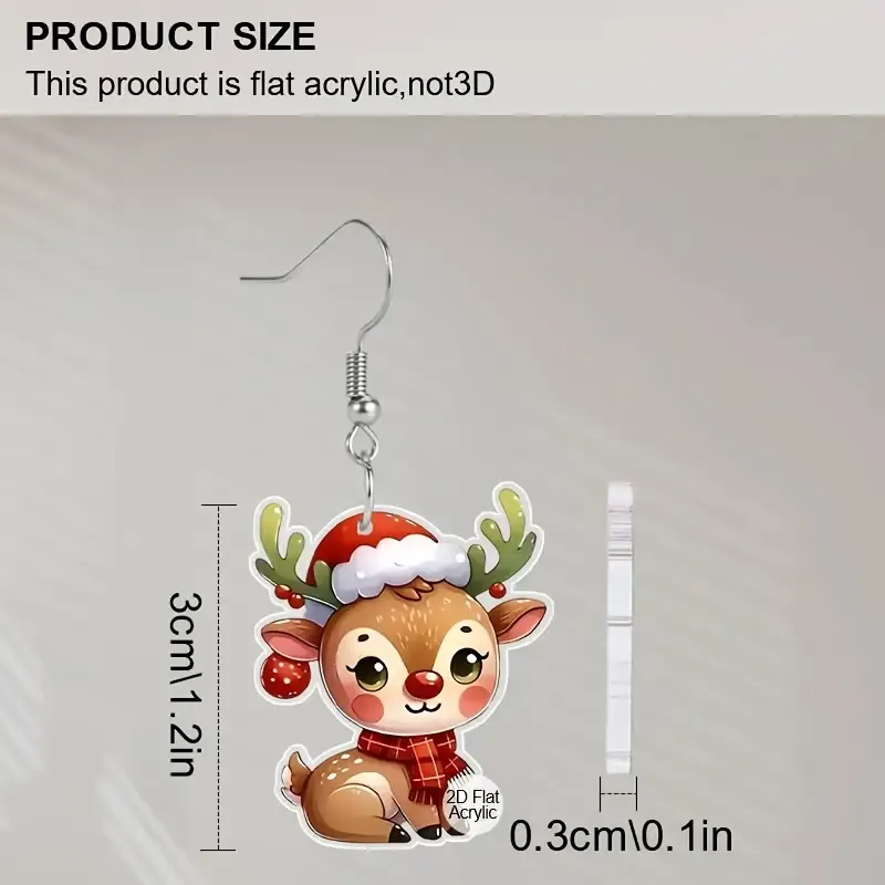 2d flat 1 pair of festive Acrylicdeer earrings for women 2d flat stainless steel hooks christmas holiday jewelry with santa hats red bells cute cartoon   for christmas gifts holiday earrings cartoon deer design Acrylicearrings deer christmas decorations 2d flat 2