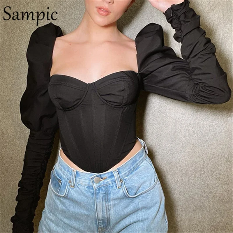 Sampic 2020 Autumn Square Collar Short Black Blouse Shirt Women Club Long Puff Sleeve Ladies Sexy Basic Skinny Shirt Tops