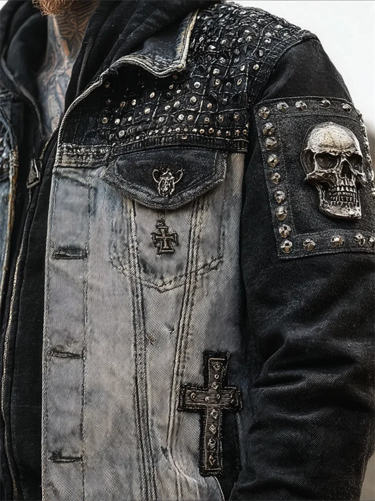 Men's Rock Skull Cross Contrast Patchwork Washed Denim Jacket