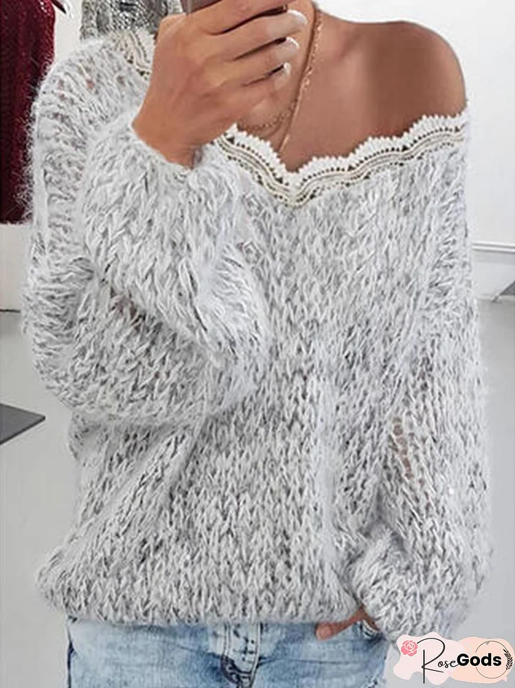 Solid Lace V-Neck Casual Sweaters