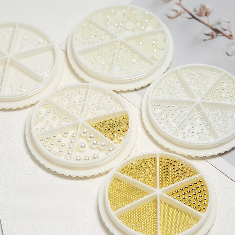 Nail Art Semicircle White Rice White Pearl Three-dimensional Magic Color Full Round Steel Beads Large And Small Round Box 6-pack Mixed Nail Decoration