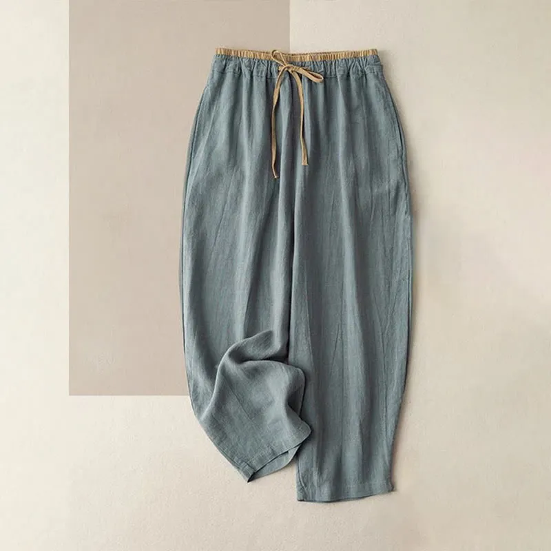 Comstylish Casual Solid Color Cotton Linen Drawstring Women's Pants With Pockets