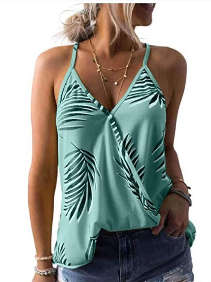 V-Neck Strap Leaf Printed Tank Top