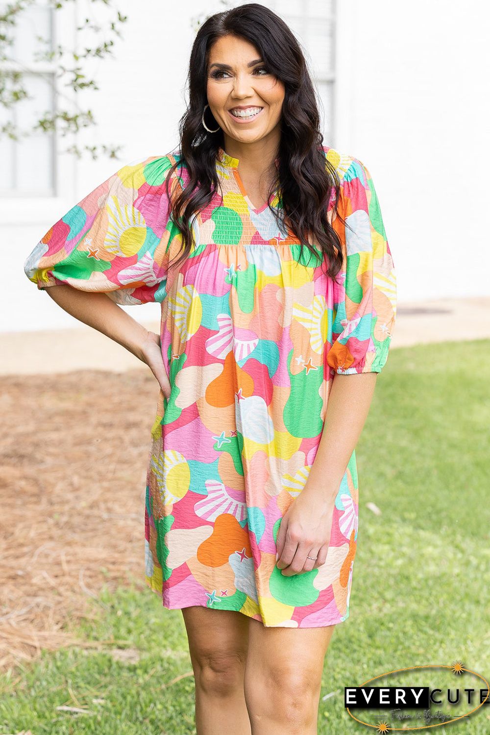 Multicolor Abstract Print Notch V Neck Puff Sleeve Dress