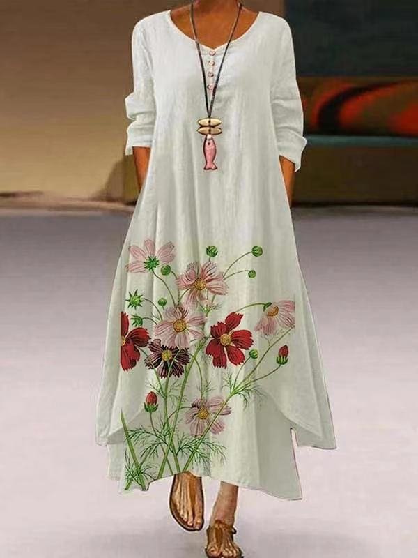 Floral Print Round Neck Long-Sleeved Dress