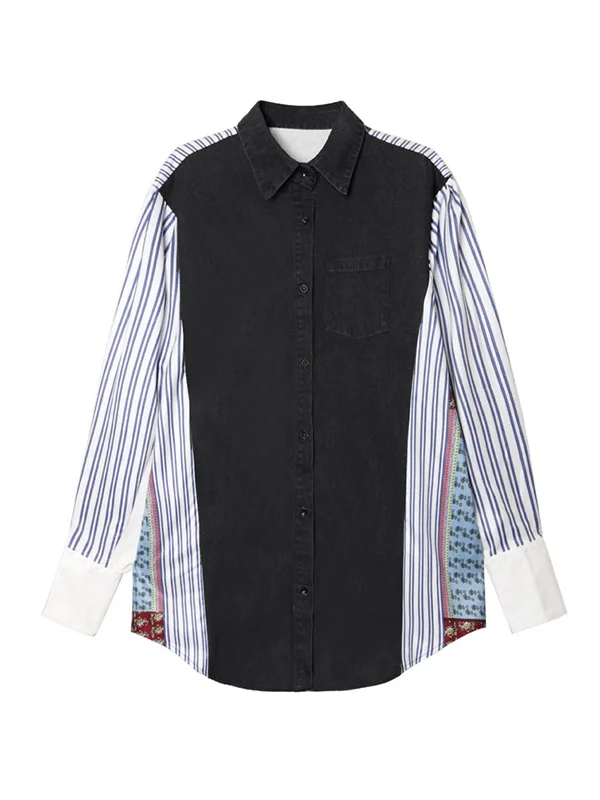 Long Sleeves Loose Buttoned Contrast Color Pockets Split-Joint Striped Lapel Blouses&Shirts Tops