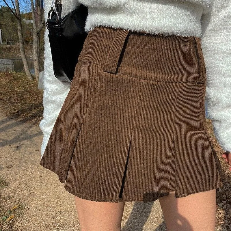 Dark Academia Corduroy Pleated High Waisted Mini Skirt SP16944