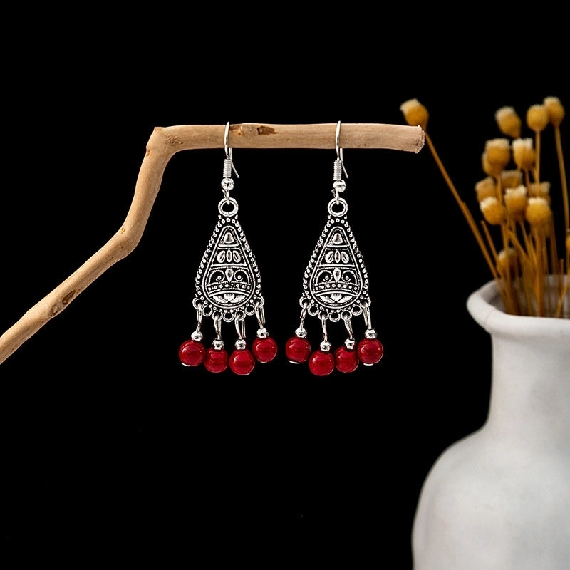 Bohemian Blue Turquoise National Style Earrings Imitation Miao Silver Metal Earrings Vintage Tassel Earrings