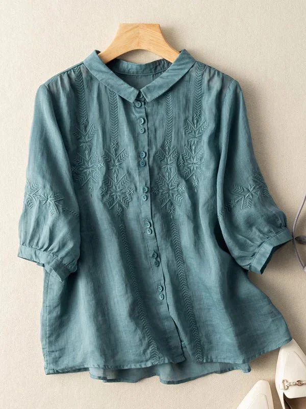 Embroidered Half Sleeve Casual Linen Shirt Top