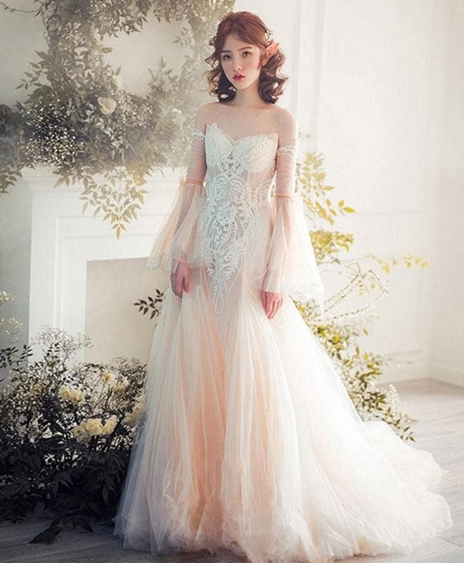 Champagne Sweetheart Tulle Lace Long Prom Dress, Champagne Wedding Dress