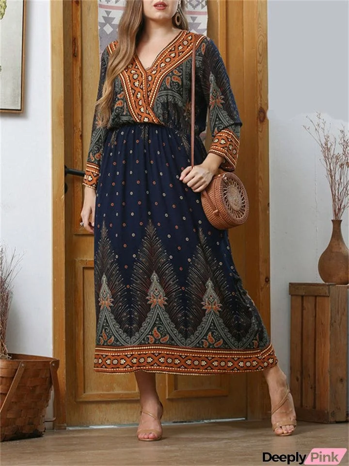 Women's Plus Size V Neck Pullover Boho Dresses