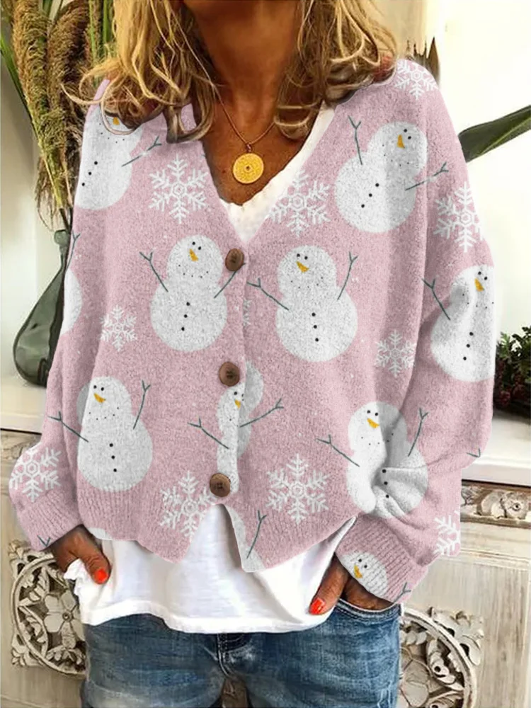 VChics Lovely Snowman & Snowflake Pattern Cozy Knit Cardigan