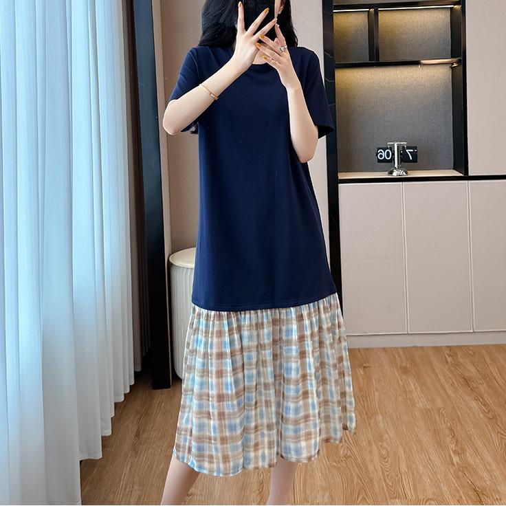 ファッション チェック柄 無地 ゆったり ファッションコーデ お出かけ デート半袖 おすすめ服 切り替え カジュアルワンピース