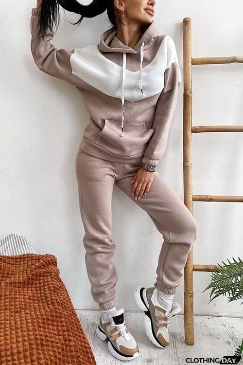 Colorblock Pocket Drawstring Hoodie & Pants Set