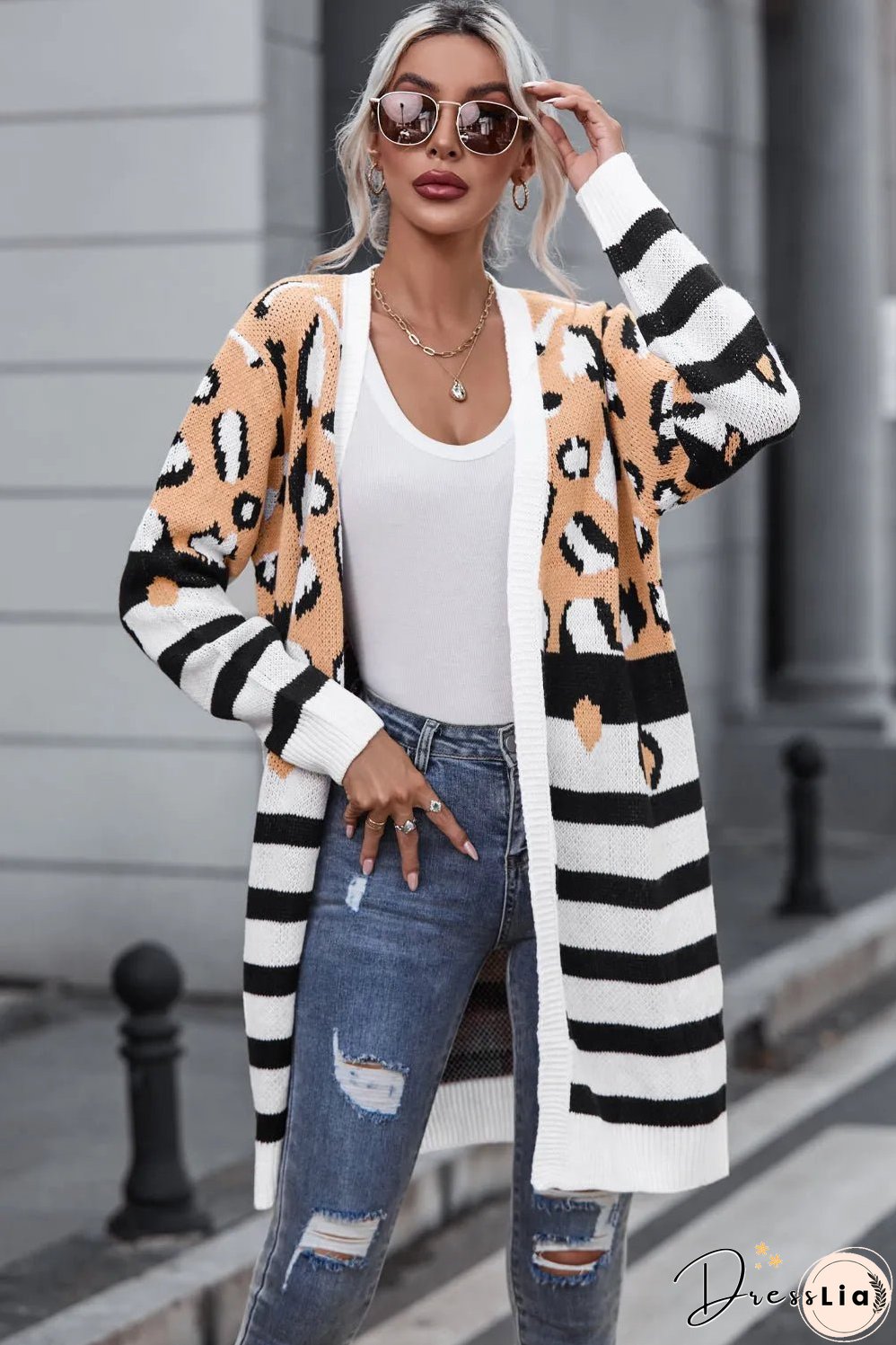 Brown Leopard Striped Mixed Print Open Front Cardigan