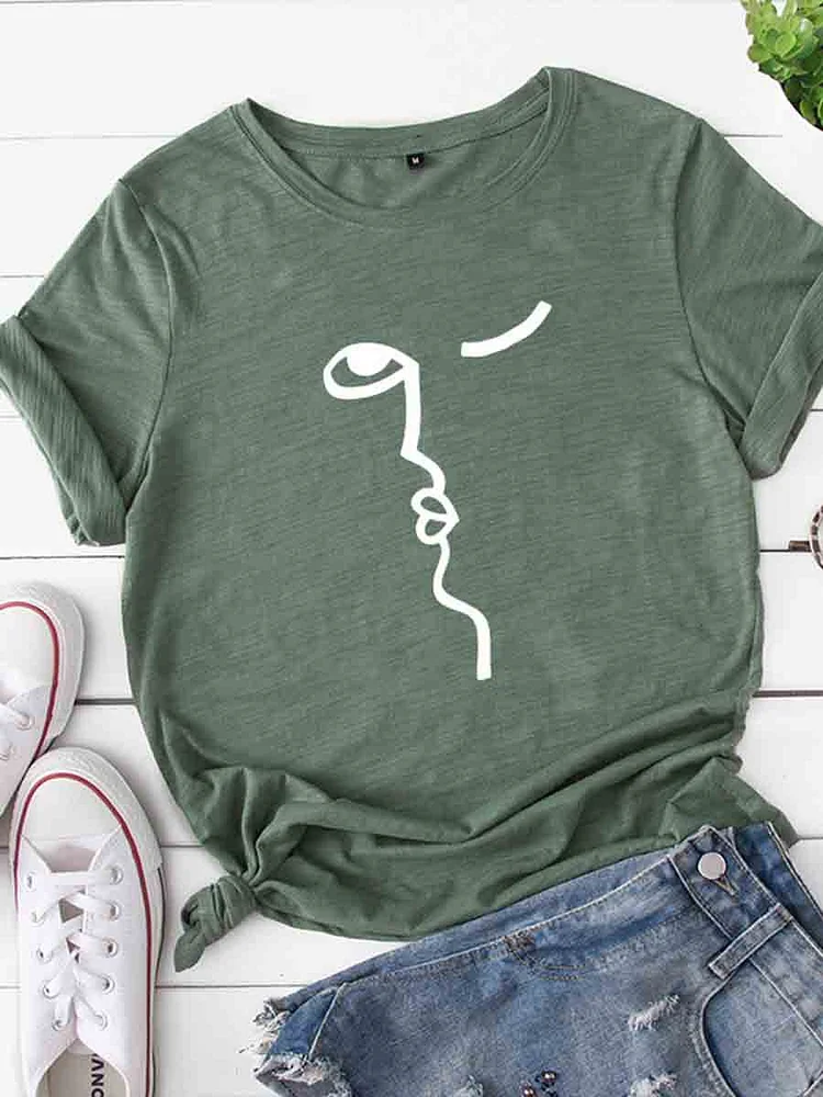 Bestdealfriday Abstract Portrait Graphic Loose Round Neck Cotton Short Sleeve Tee