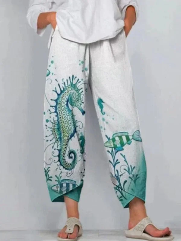 Seahorse Print Irregular Loose Casual Pants