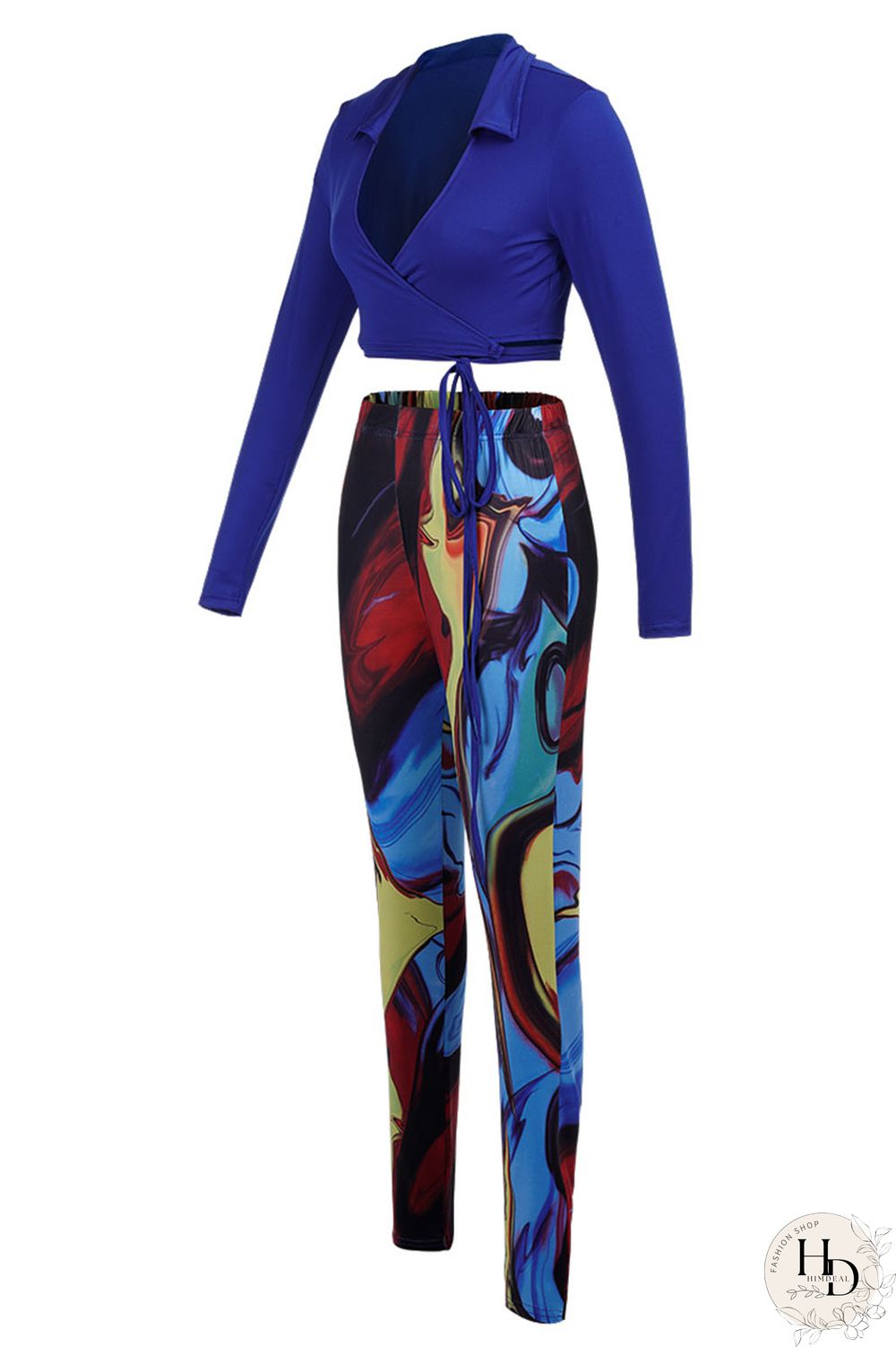 Blue Sexy Print Split Joint Frenulum V Neck Long Sleeve Two Pieces