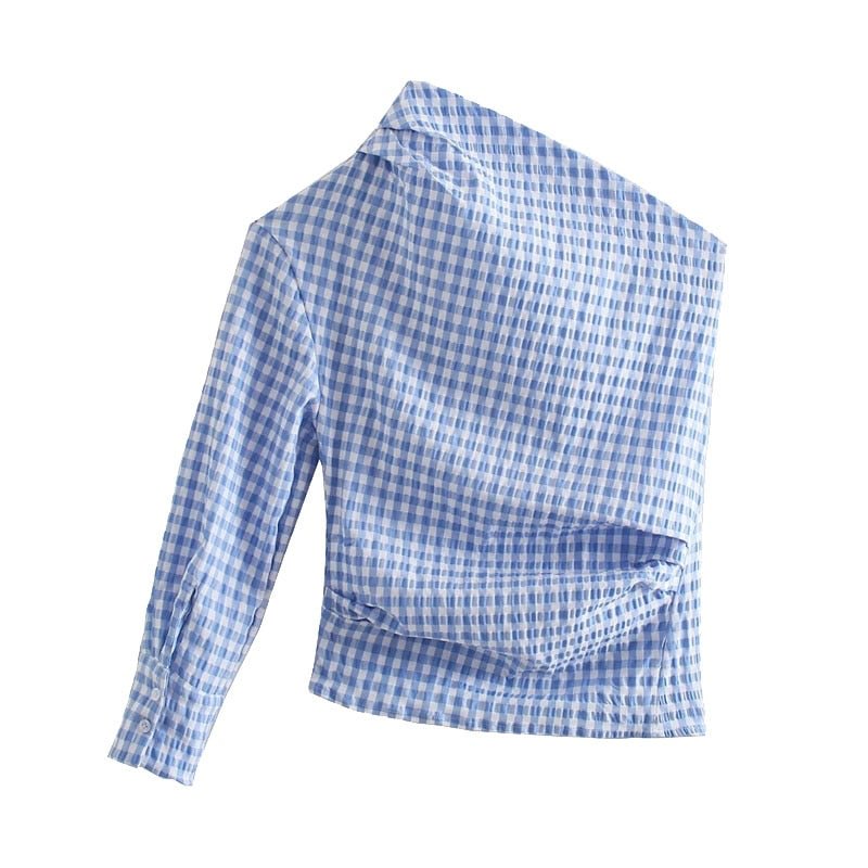 KPYTOMOA Women 2021 Fashion Pleated Asymmetry Check Blouses Vintage One Shoulder Back Button-up Female Shirts Blusas Chic Tops