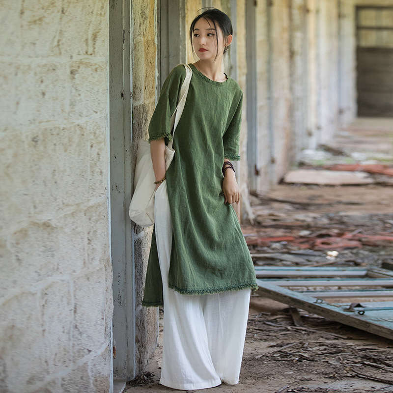 Ramie Cotton Sand-Washed Brushed Five-Sleeve Casual Dress