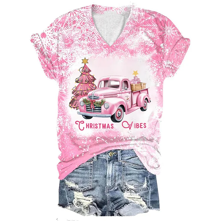 Comstylish Christmas Truck V-Neck Short Sleeve T-Shirt